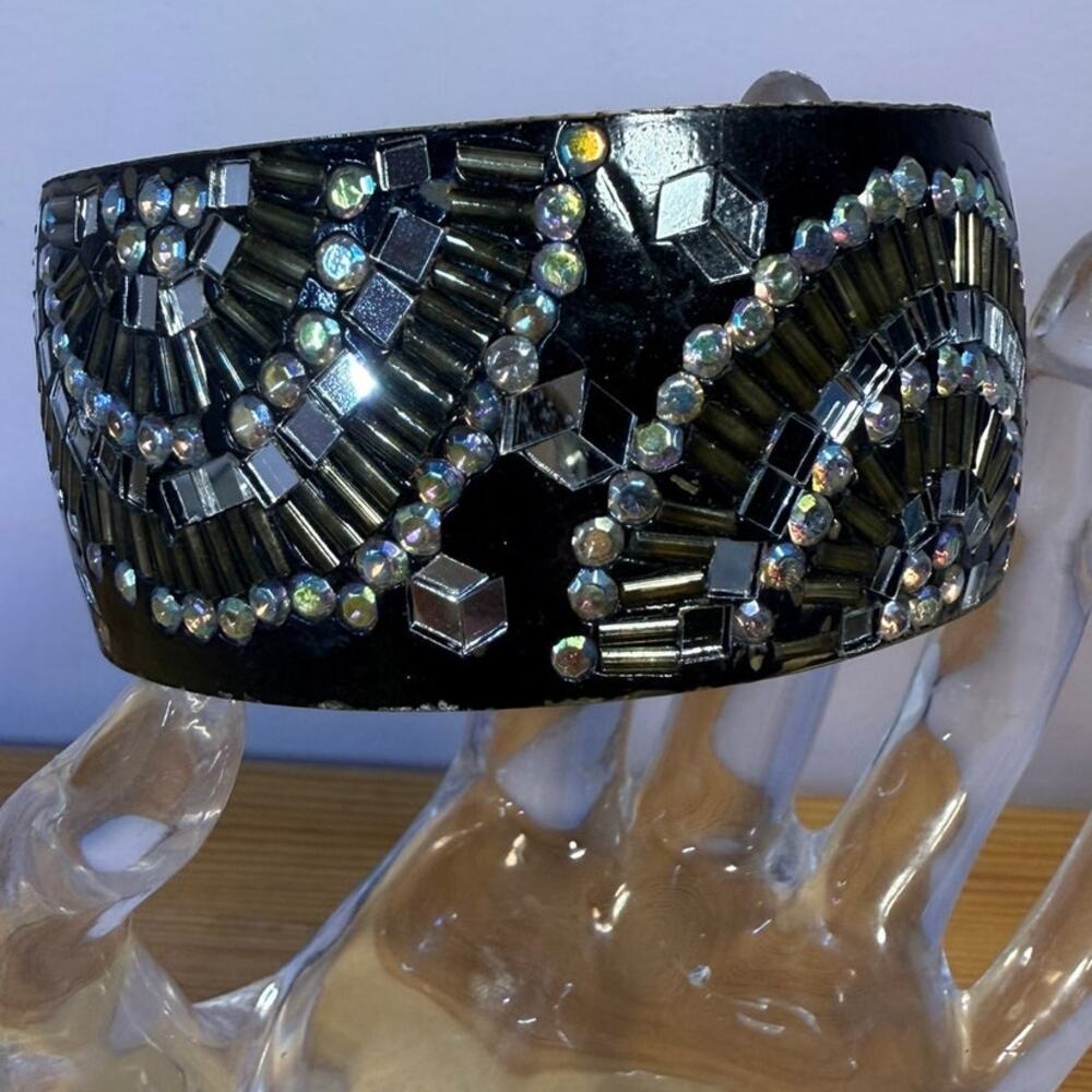 Vintage Chunky Brass Bangle AB Rhinestones Mirror Tiles Black Bracelet
